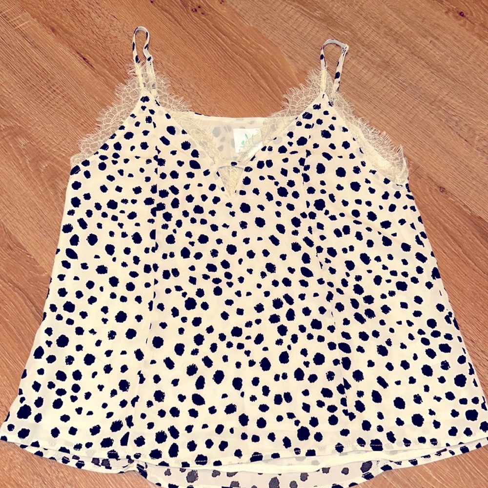 Lace trimmed, black spotted camisole top, size small from shopthemint.com